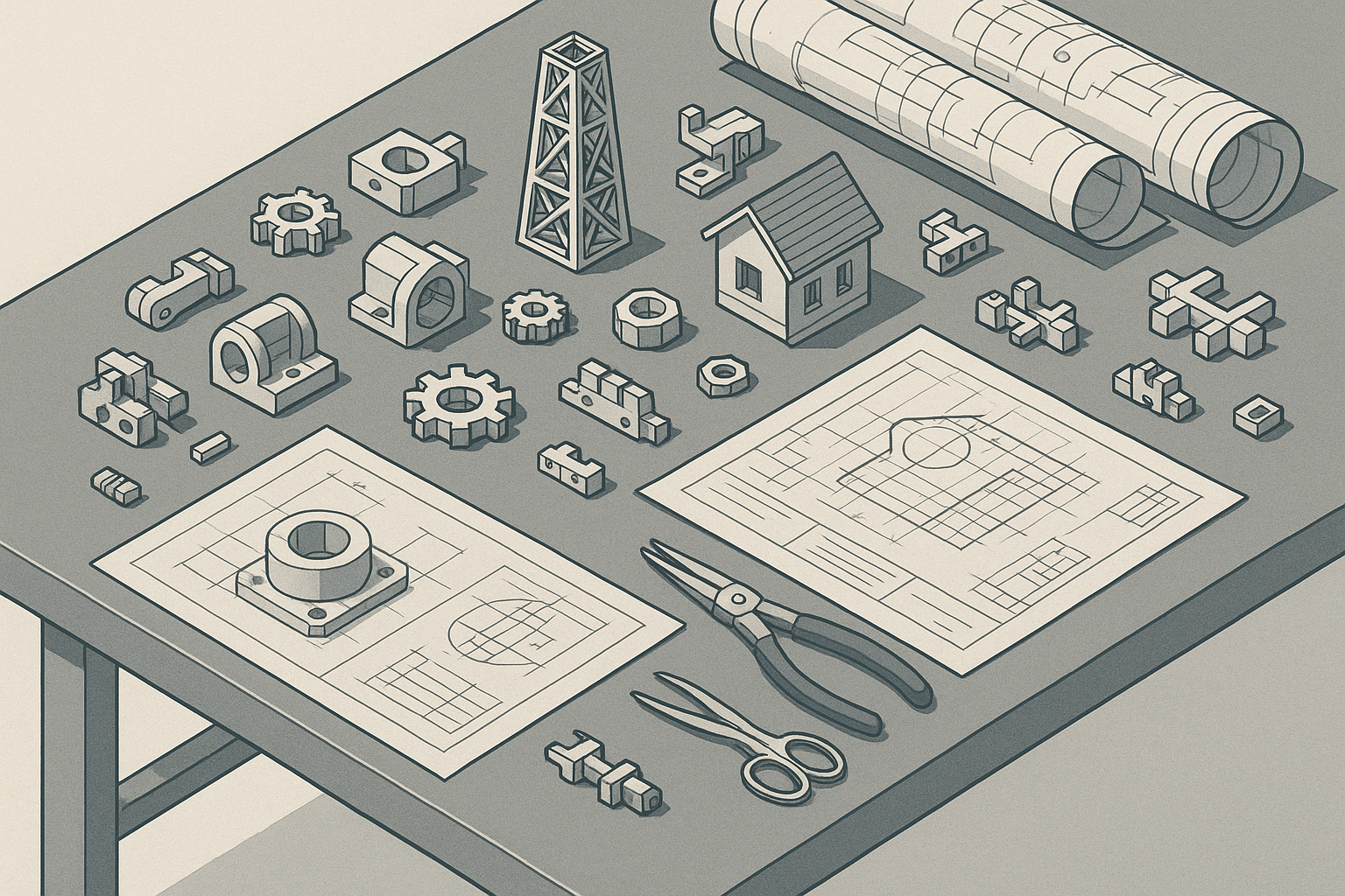 isometric display of an edge of a workbench table, featuring 3d-printed items, engineering drawings, architectural drawings, and small pliers, scissors