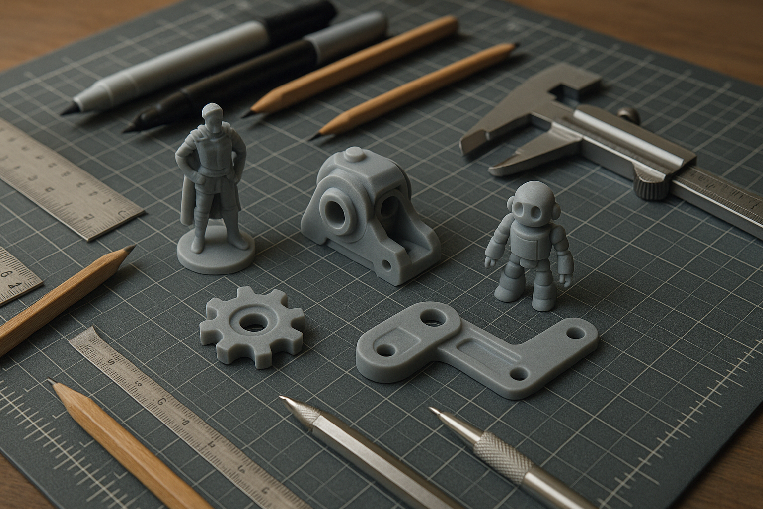 45 degree angle close-up of a workshop table top (with cutting mat), showing drawing tools and some 3d-printed items